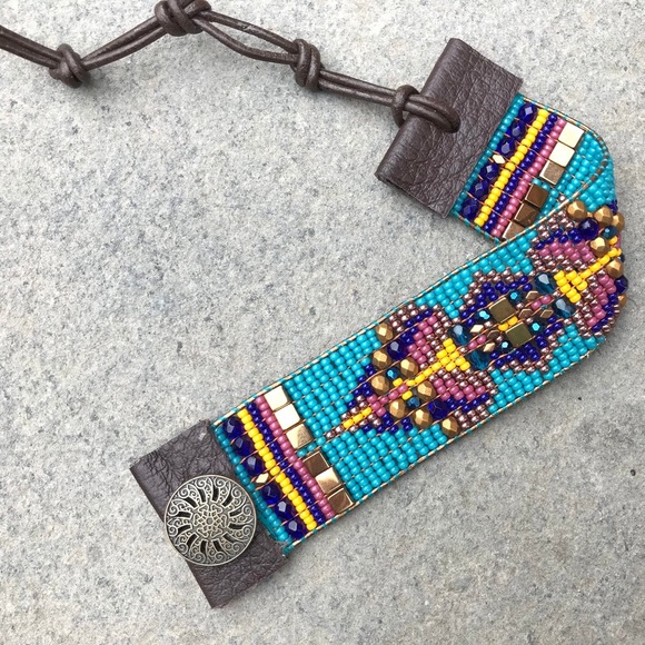 Boho woven leather loom bead bracelet - Picture 3 of 3